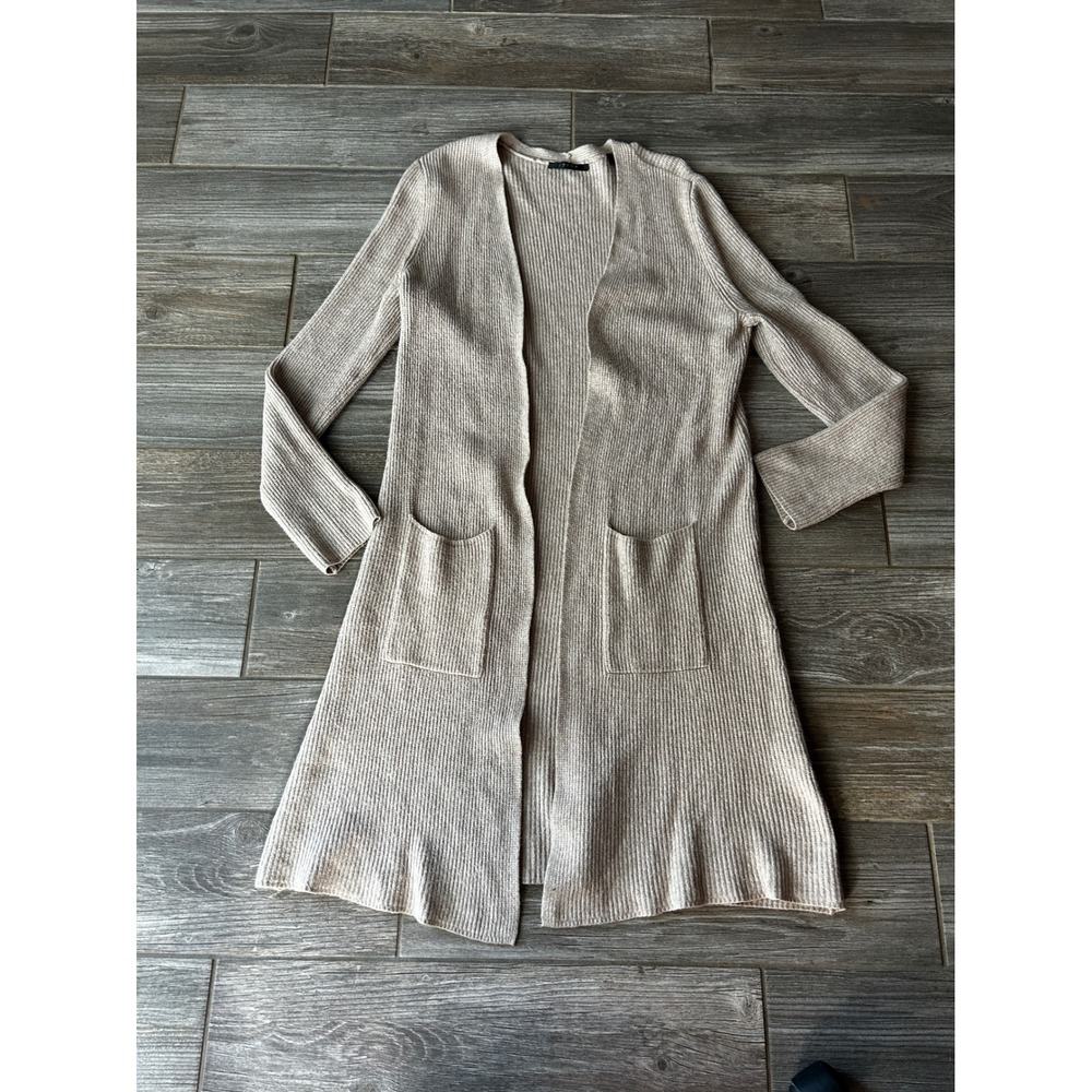 Cyrus Beige Ribbed Long Open Front Cardigan Sweater Duster Pockets Size L‎